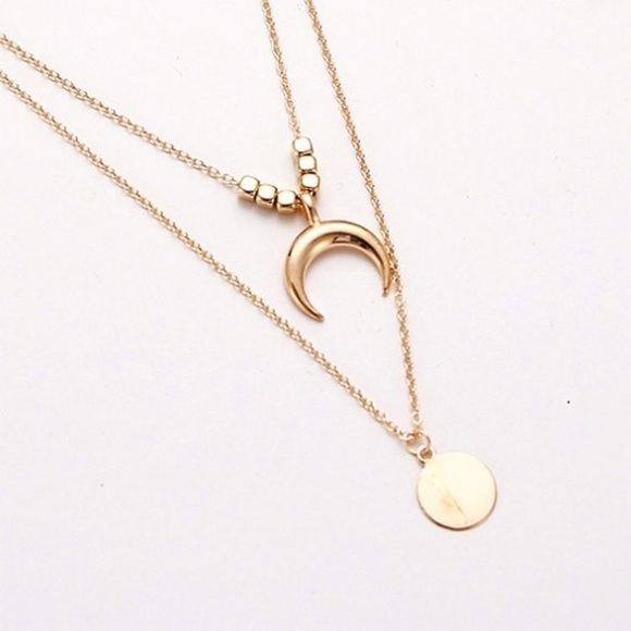Moon/Disc Pendant, Multi-layer Necklace; Gold - Picture 4 of 10